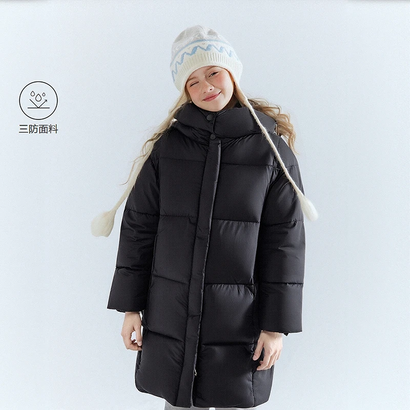 DEESHA/笛莎纯色连帽保暖羽绒服反季抢鲜中长简约立领外套中大童