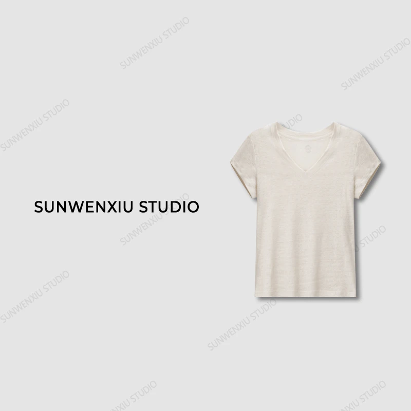swx studio3店 “赵露丝同款”100%亚麻原麻色轻薄透气v领极简风T恤