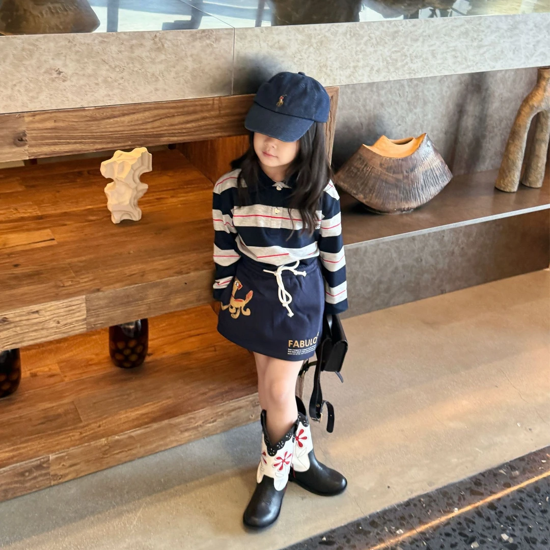 壹妈韩版童装女童秋季套装洋气儿童时髦条纹t恤polo上衣半身裙潮