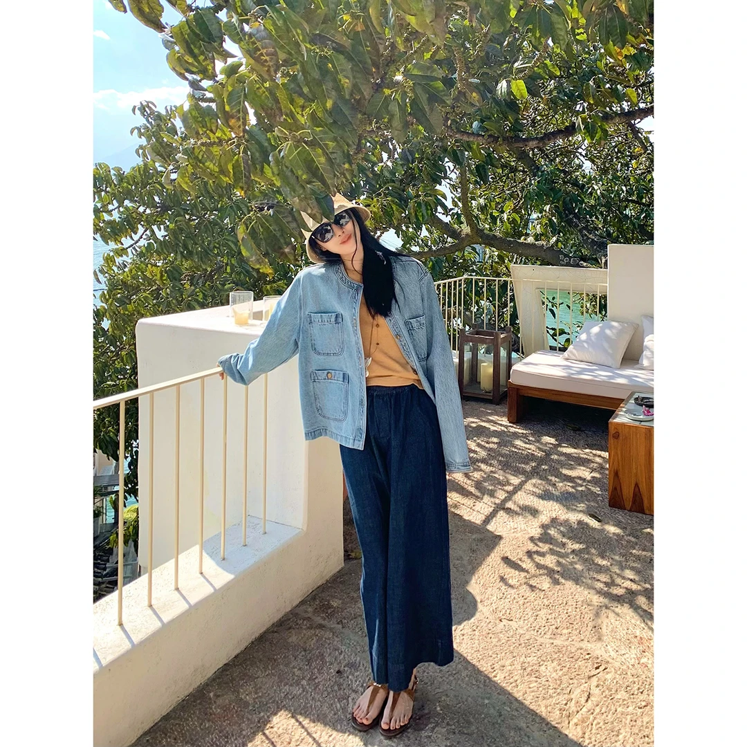 SEP.TWENTY春夏清爽感圆领口袋浅蓝色牛仔夹克外套短外套