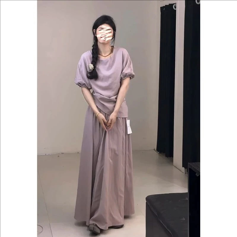 2025夏季新款法式设计感宽松圆领短袖上衣气质高腰显瘦A字半身裙