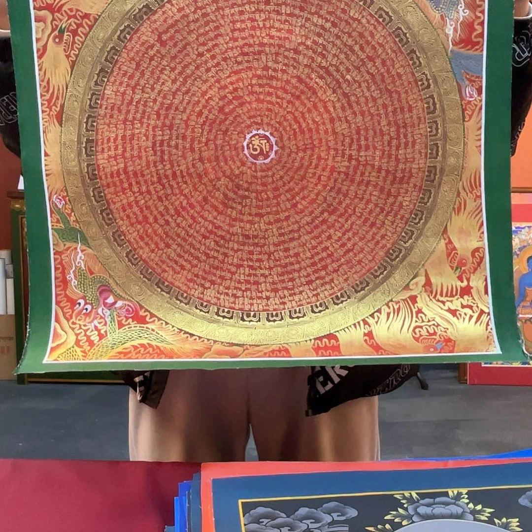 装裱画50×50纯手绘龙纹六字真言