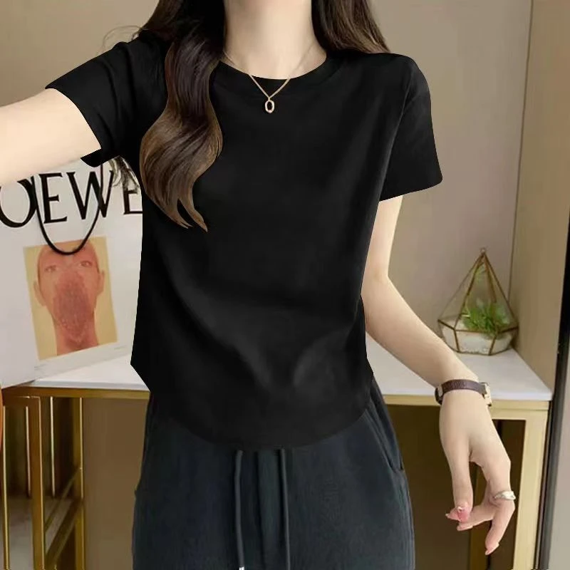 纯色百搭纯棉正肩小众短袖t恤女夏胖mm大码宽松弧形下摆显瘦上衣