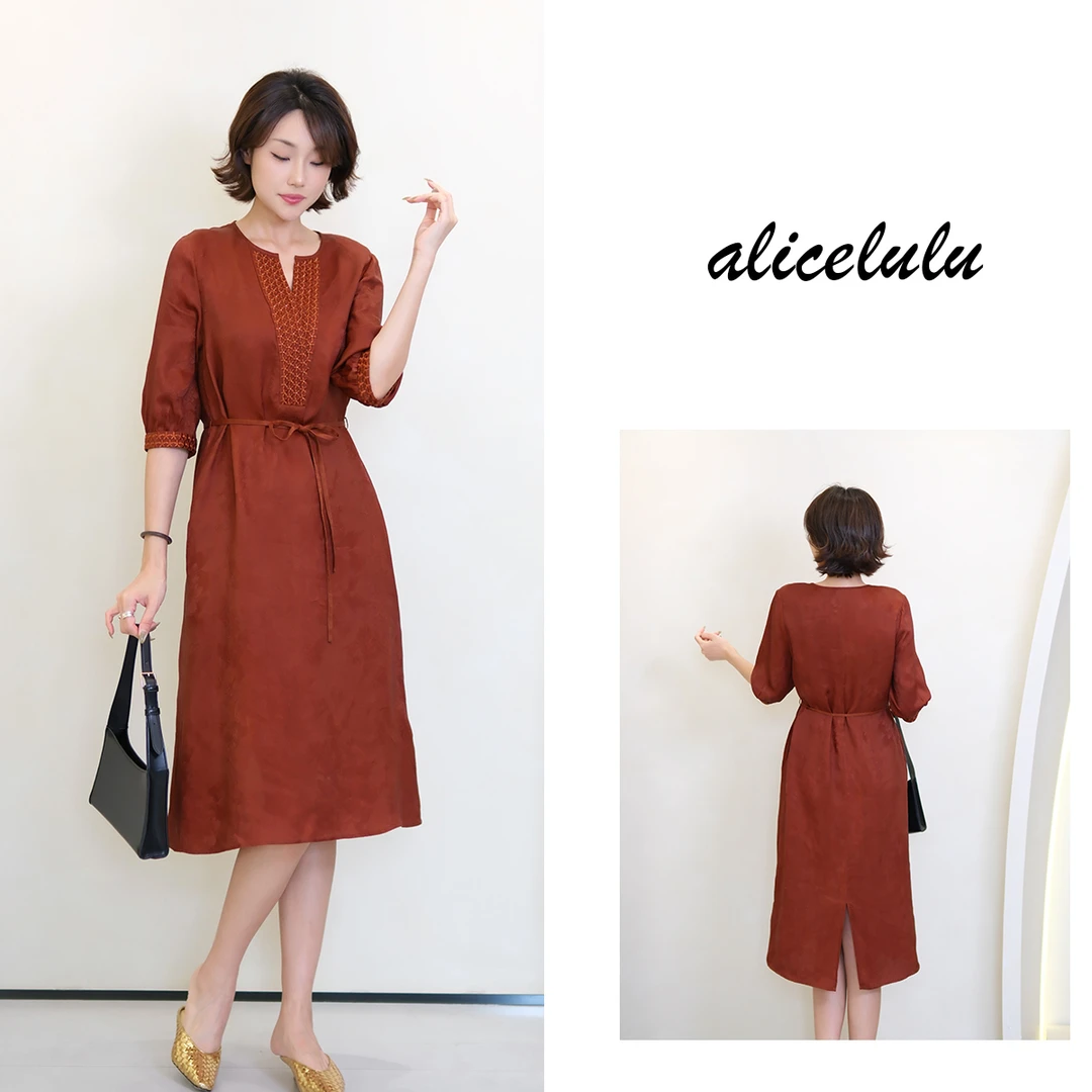 [alicelulu]绑带纯色连衣裙女优雅暗纹V领显瘦S2143145E