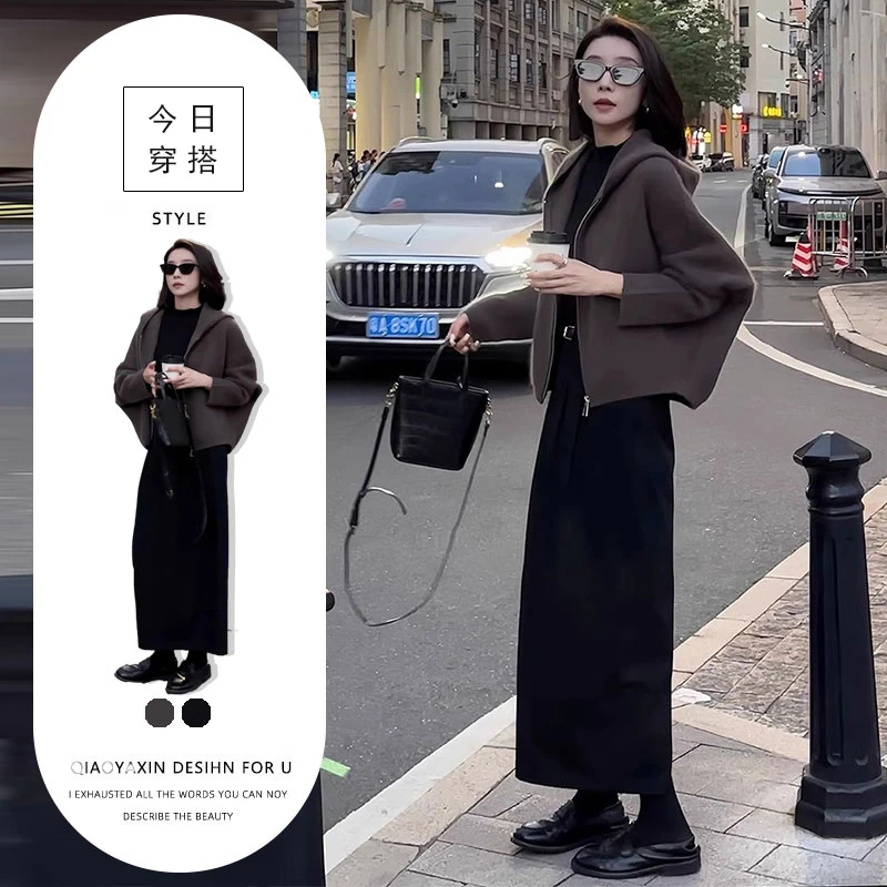网红爆款时尚两件套裙女2025春秋新款复古毛呢连帽外套+半身长裙