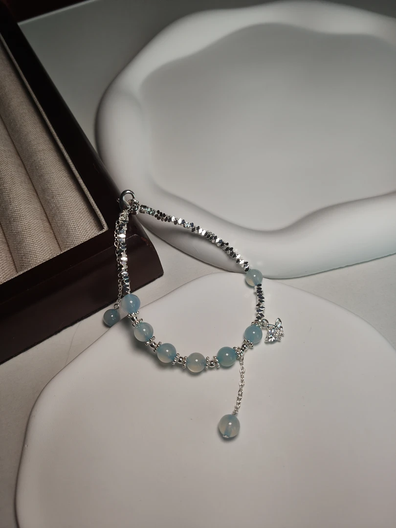 合金锆石手链 碎银子简约拼色蝴蝶结闪钻手链蓝色气质ins时尚