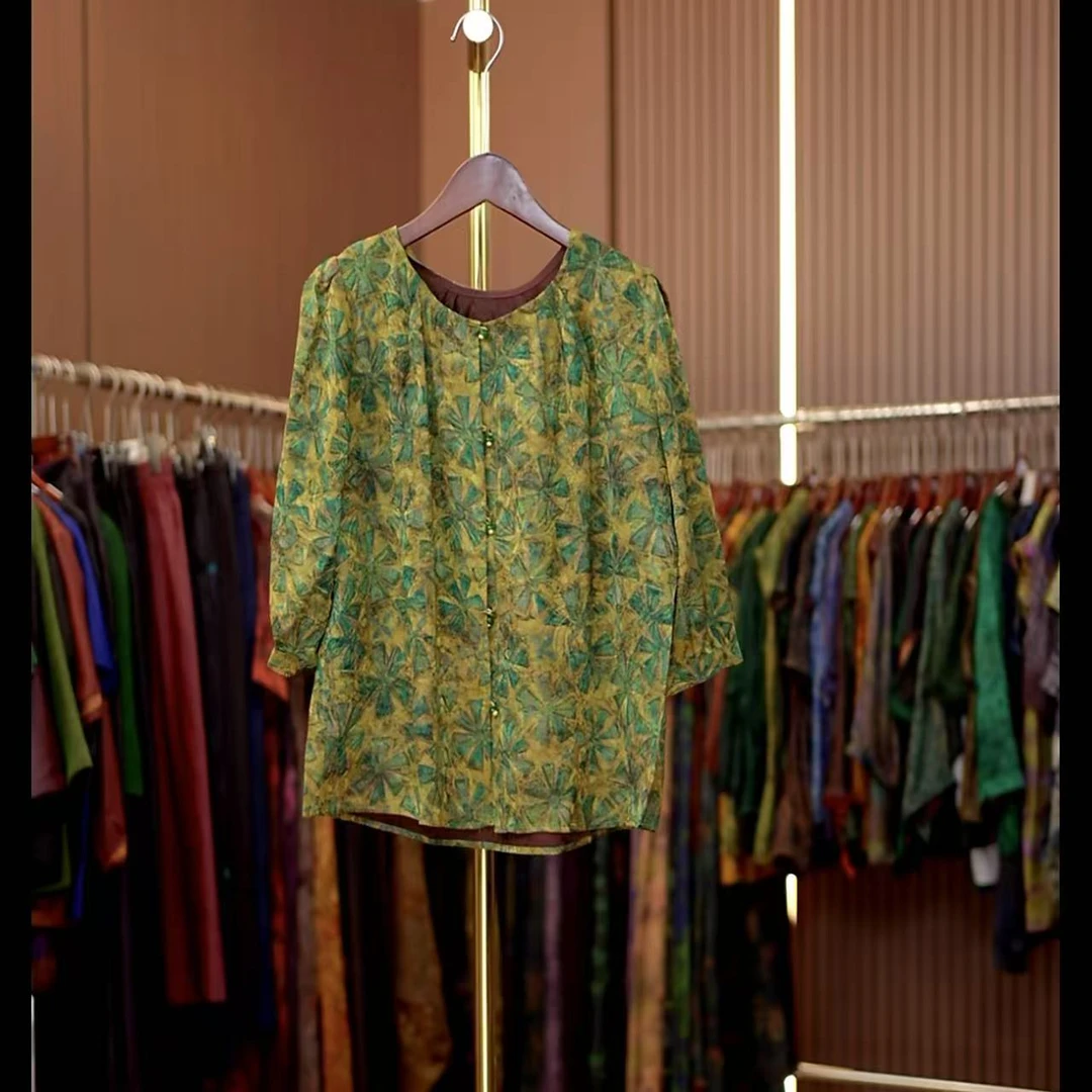 芳心-新中式国风黄绿中袖休闲上衣0359