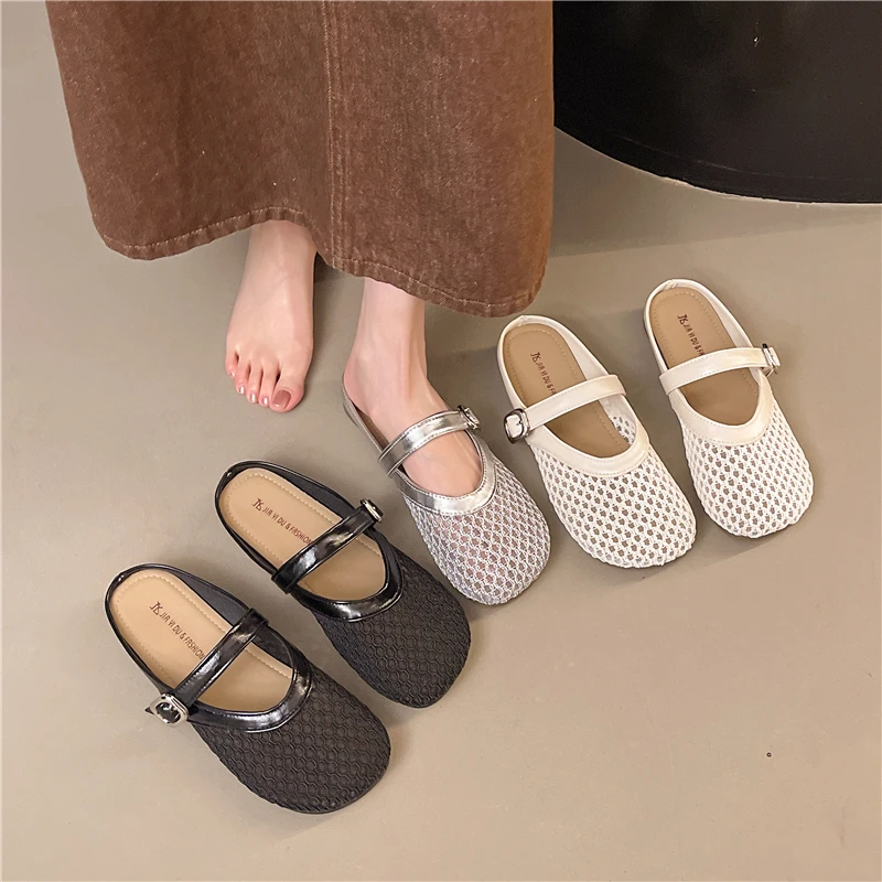 镂空编织包头半拖鞋女夏季外穿2025新款平底透气一脚蹬洞洞鞋凉拖