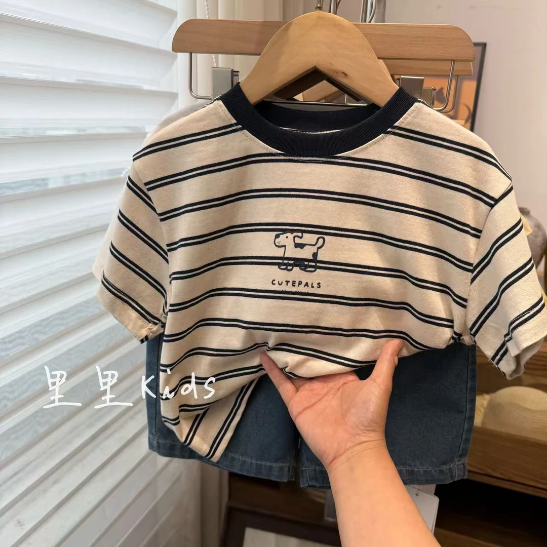 经典百搭款～韩系印花小狗条纹T恤儿童洋气休闲圆领短袖2025