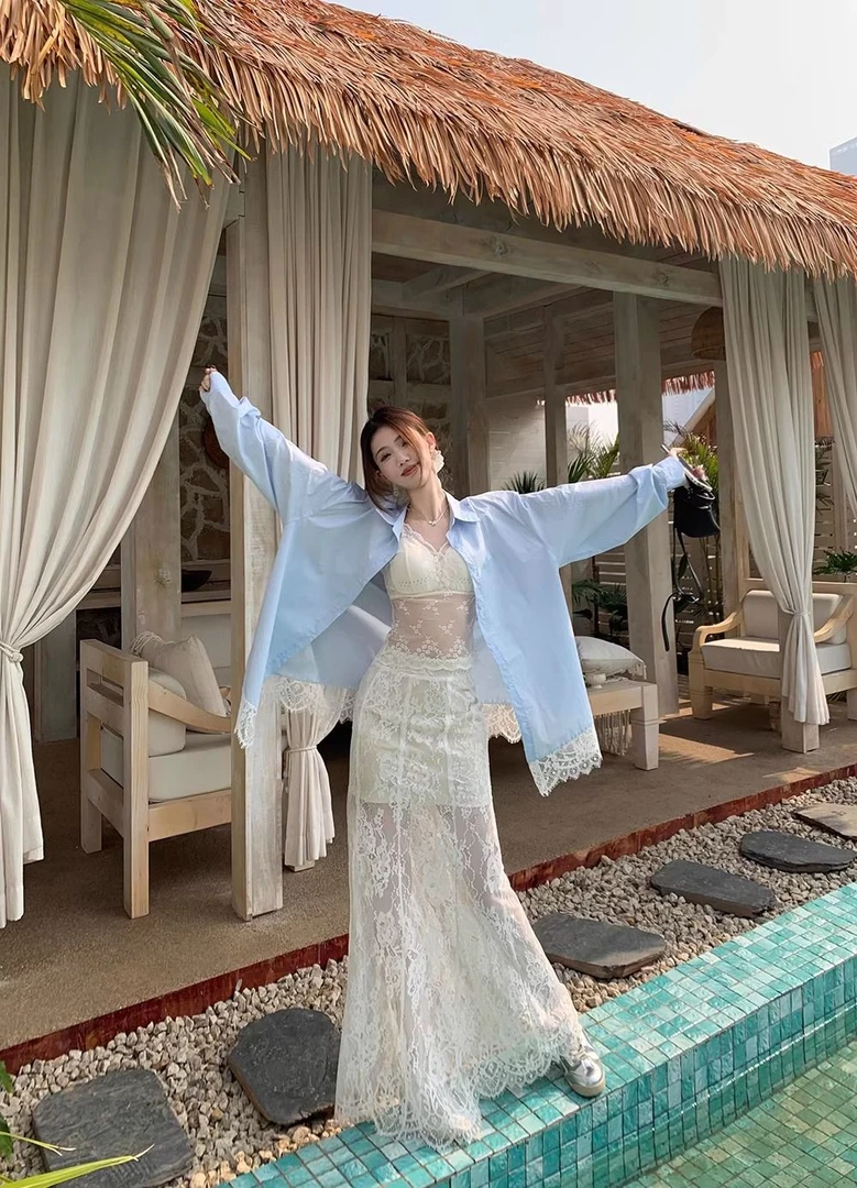 蕾丝拼接衬衫法式polo领蕾丝拼接蓝色长袖衬衫女2025春季新款宽松