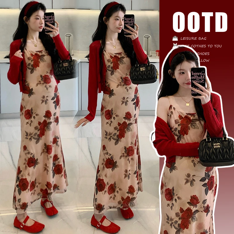 春夏辣妈度假时尚玫瑰花弹力吊带裙红色开衫