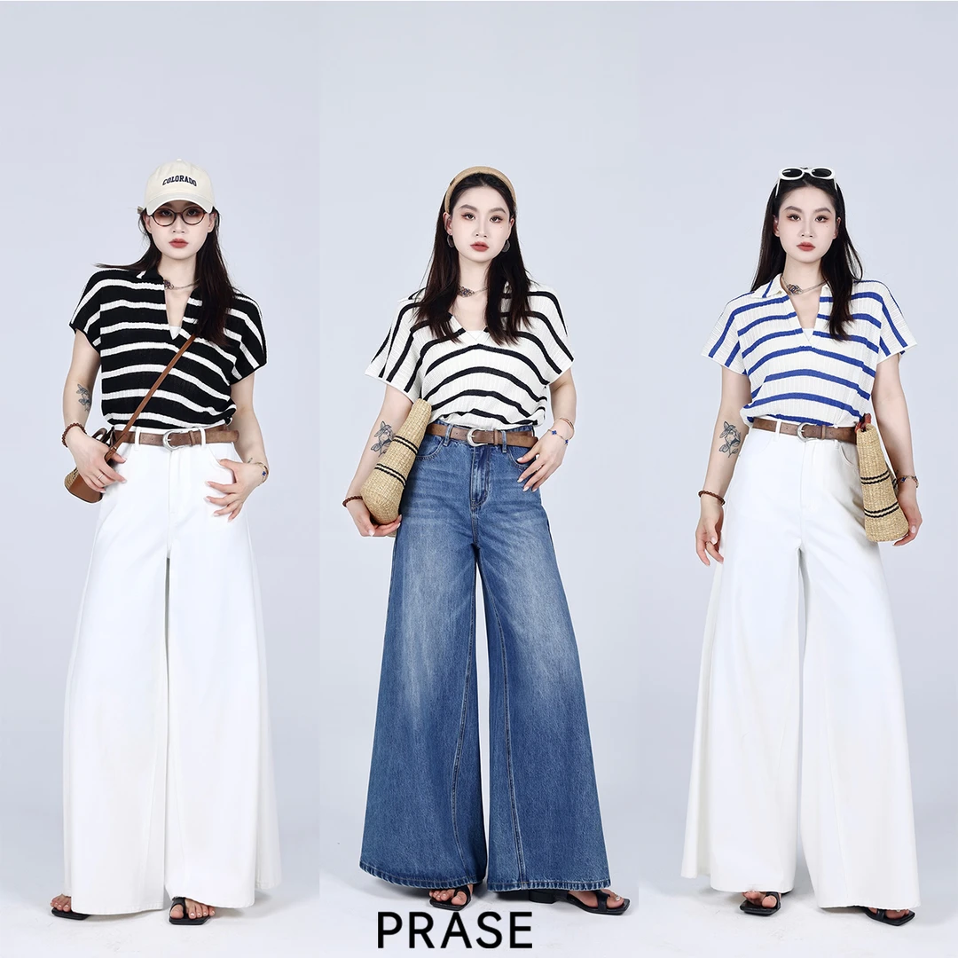 PRASE·噜【软糯条纹】微胖轻奢设计款夏女时尚连肩袖条纹衫PR505S78