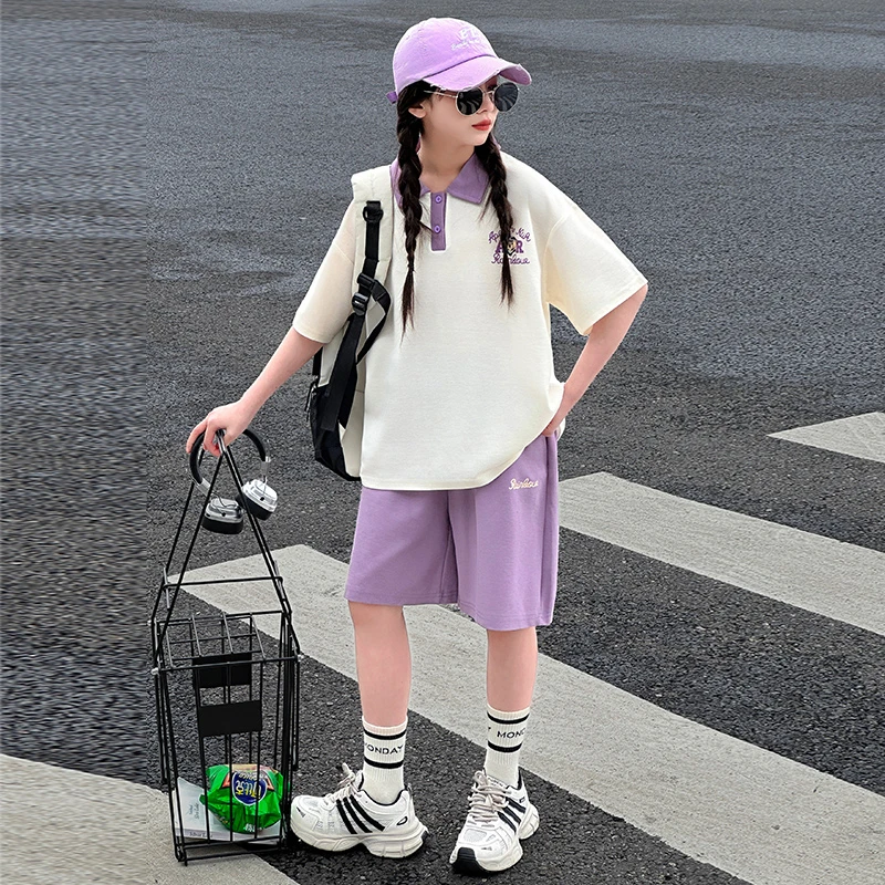 女童套装夏装2025新款儿童洋气Polo领t恤中大童运动短裤两件套潮