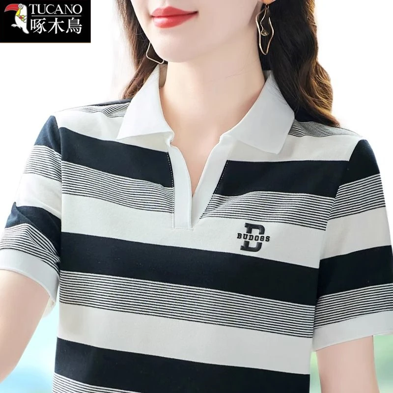啄木鸟正品夏季条纹短袖上衣女2025年新款翻领设计感宽松显瘦T恤