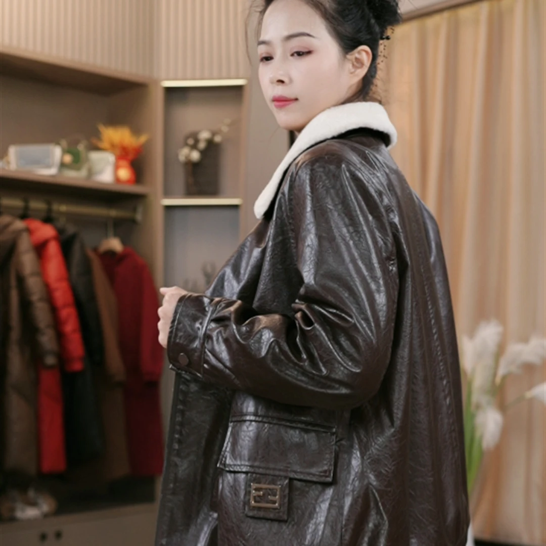 2024冬季新款加绒皮衣毛领保暖加厚1837