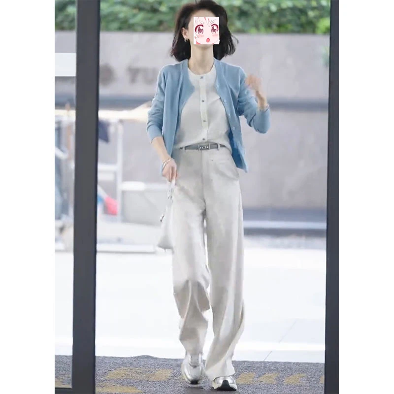 2025早秋御姐气质假两件长袖针织开衫高腰直筒西装裤高级感两件套