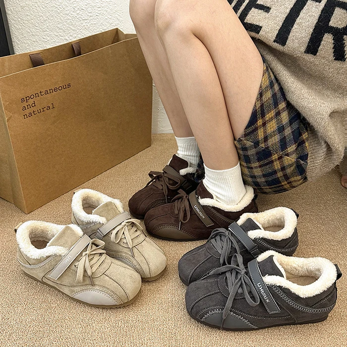 加绒德训鞋女2025冬季新款爆款毛毛魔术贴保暖棉鞋厚底增高休闲鞋