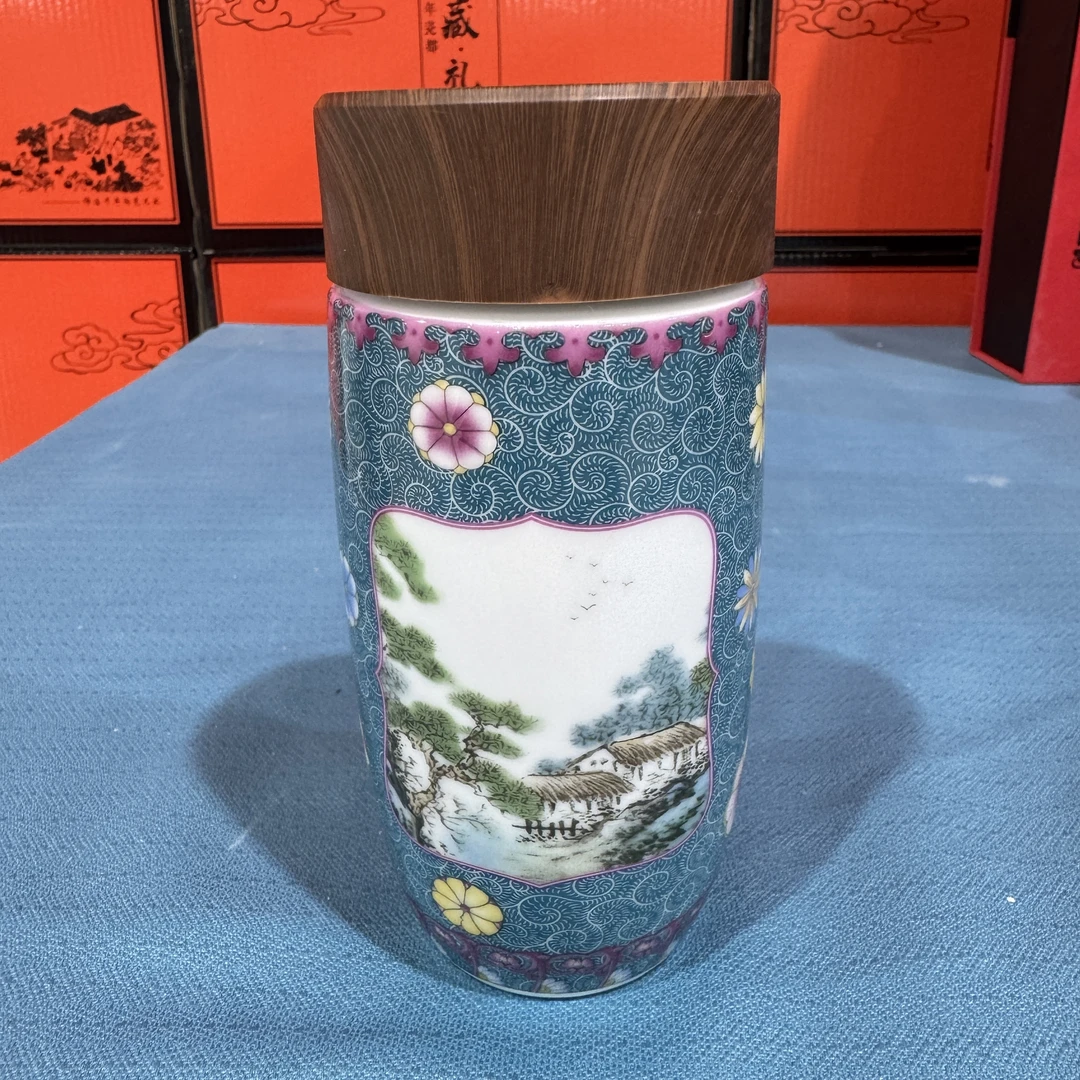 珐琅彩墨水蓝开窗陶瓷杯