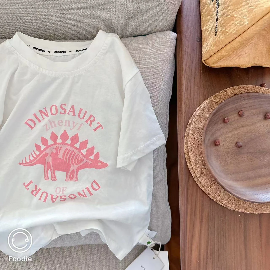 【JMJQ20323】夏季新款儿童撞色恐龙印花白色套头短袖上衣