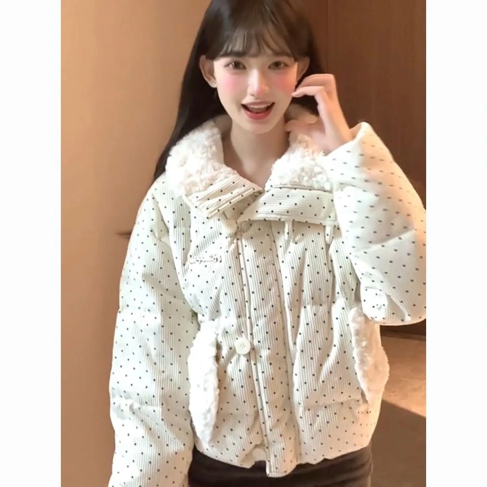 新款韩系波点棉服毛领冬季甜美新款加厚宽松棉袄外套面包短款