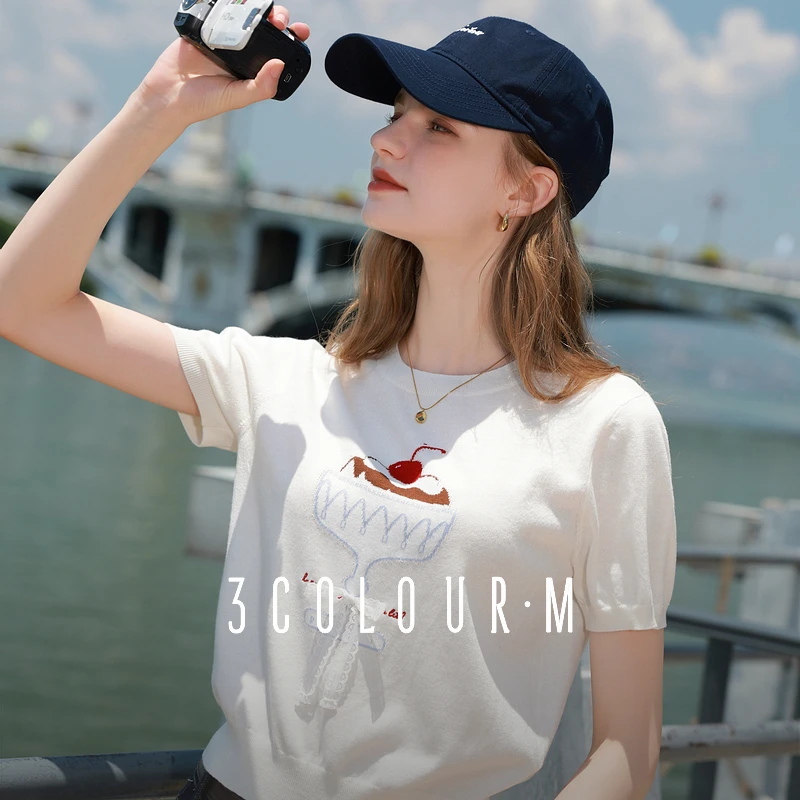 三彩2025夏季新款圆领针织衫设计感蝴蝶结蛋糕套头衫气质上衣女M