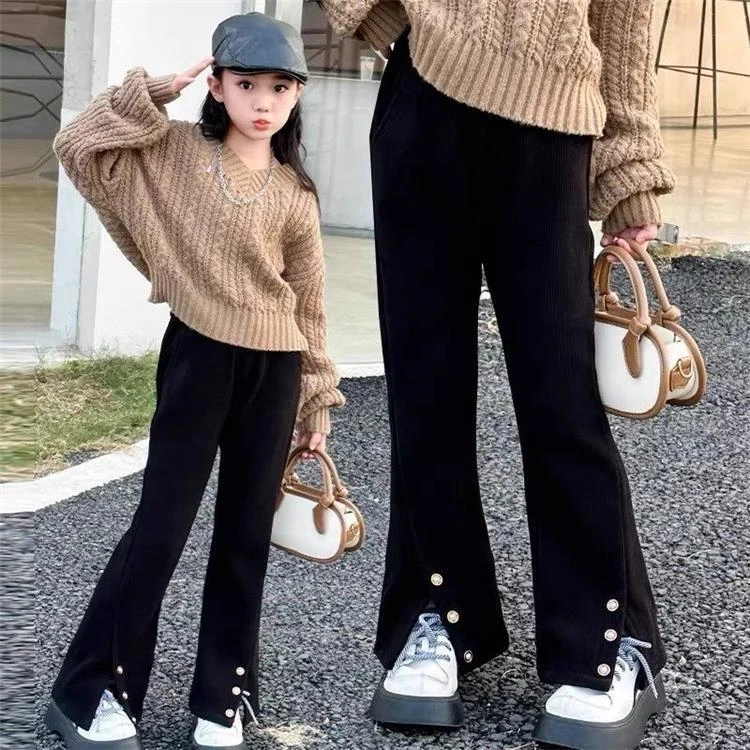 女童秋冬加绒加厚裤韩版儿童洋气一体绒喇叭裤学生时髦休闲长裤子