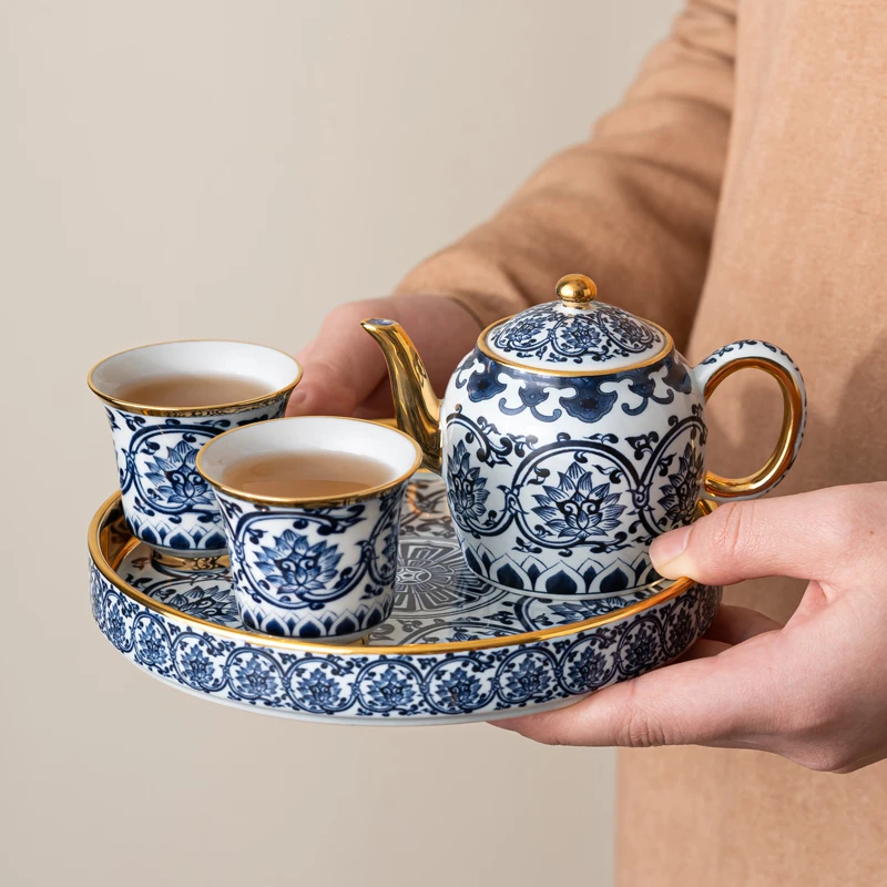 联谊青花一壶两杯茶具套装复古家用高档轻奢描金茶杯茶壶中式茶器