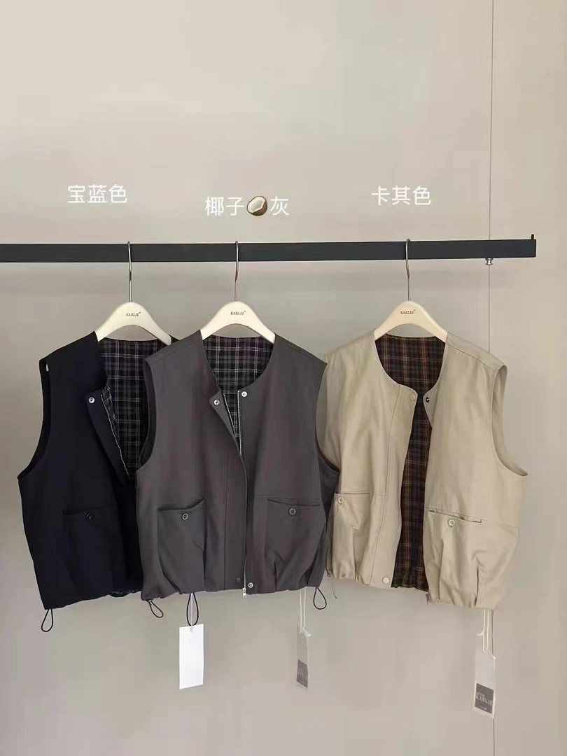 【格纹设计马甲】高级感洋气百搭显瘦叠穿复古马甲-苋 19448(5017)