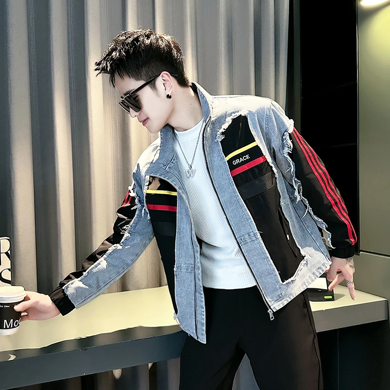 春秋季男士潮牌拼接休闲外套2025新款爆款男装牛仔夹克高级感上衣