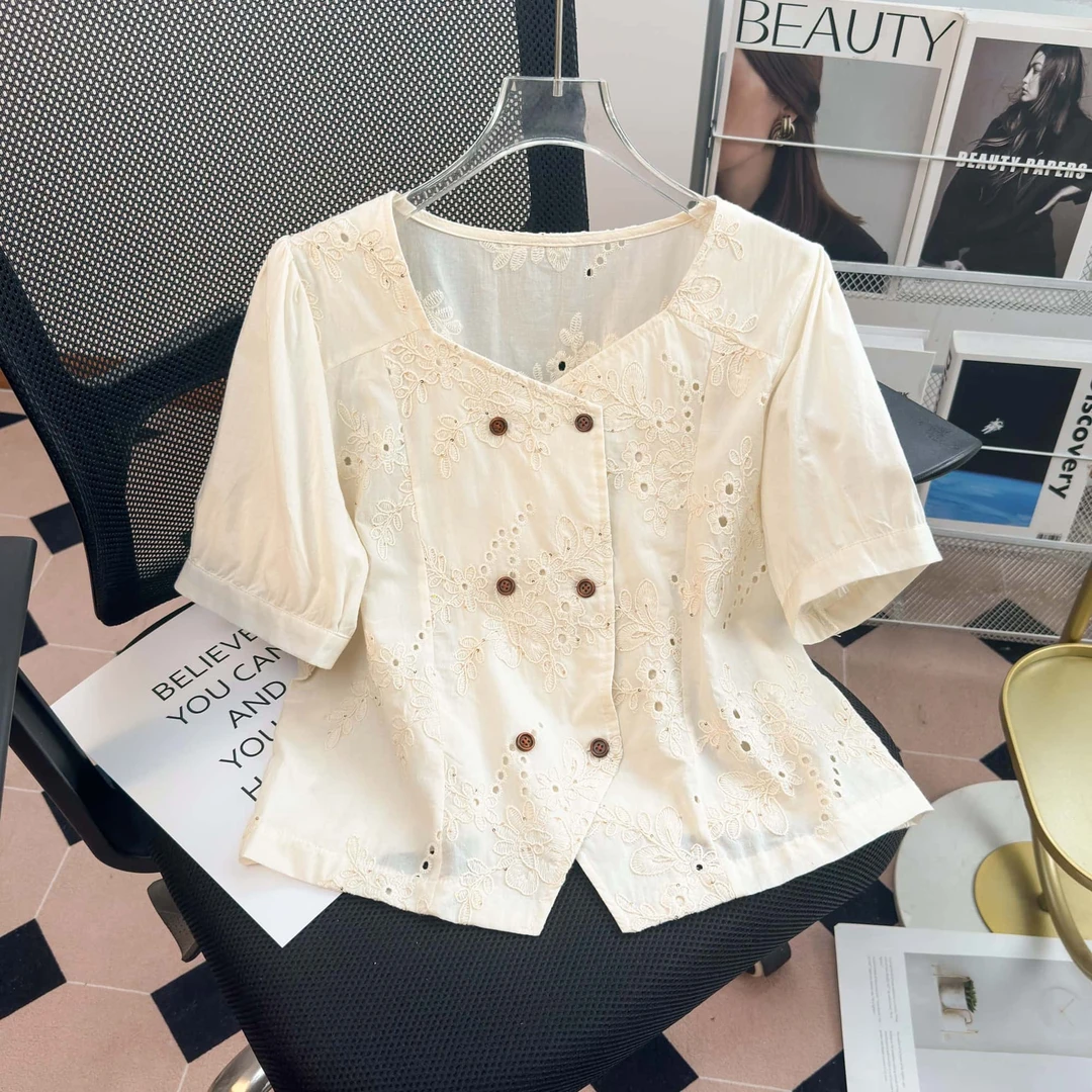 【现货】小香风气质V领短袖衬衫女夏韩系收腰显瘦洋气小衫上衣7068#