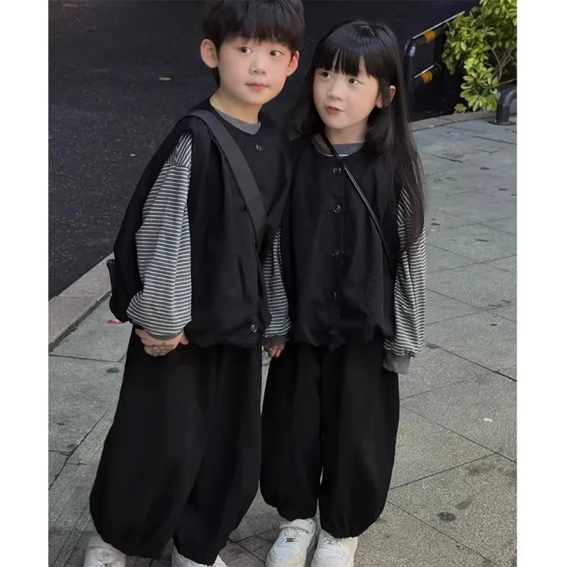 【兄妹装】儿童春秋套装男女同款洋气时尚兄妹马甲+条纹T恤+束脚裤