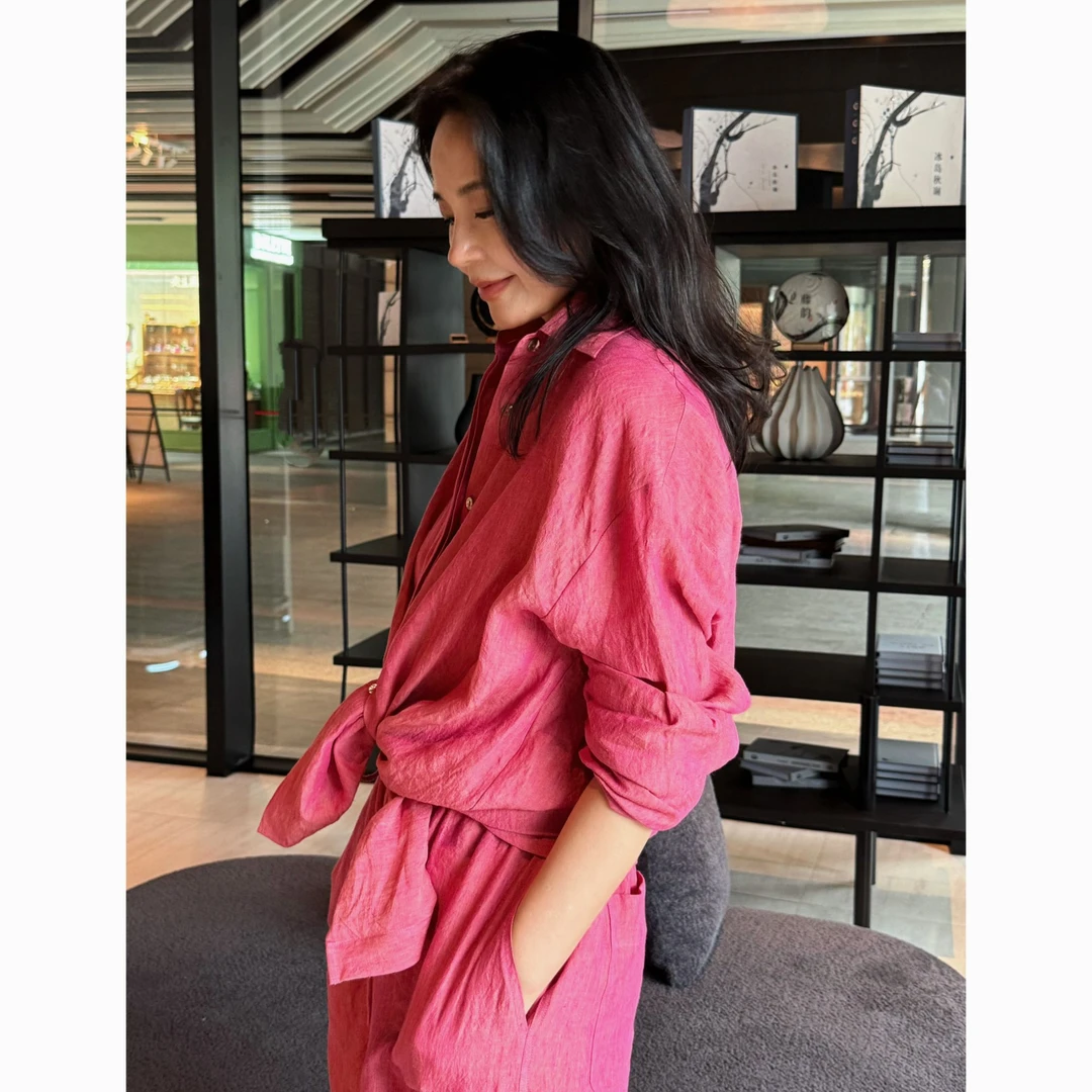 Roman 曼姐专属  超美玫红色色织亚麻宽松衬衫