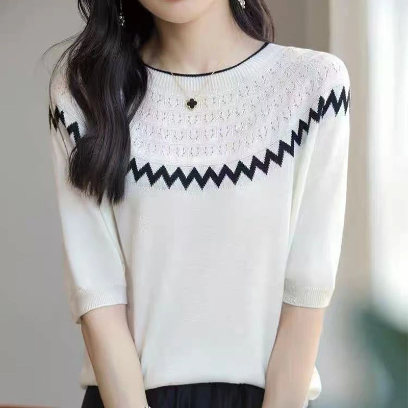 圆领镂空提花五分袖气质时尚百搭T恤夏季薄款宽松上衣F2023