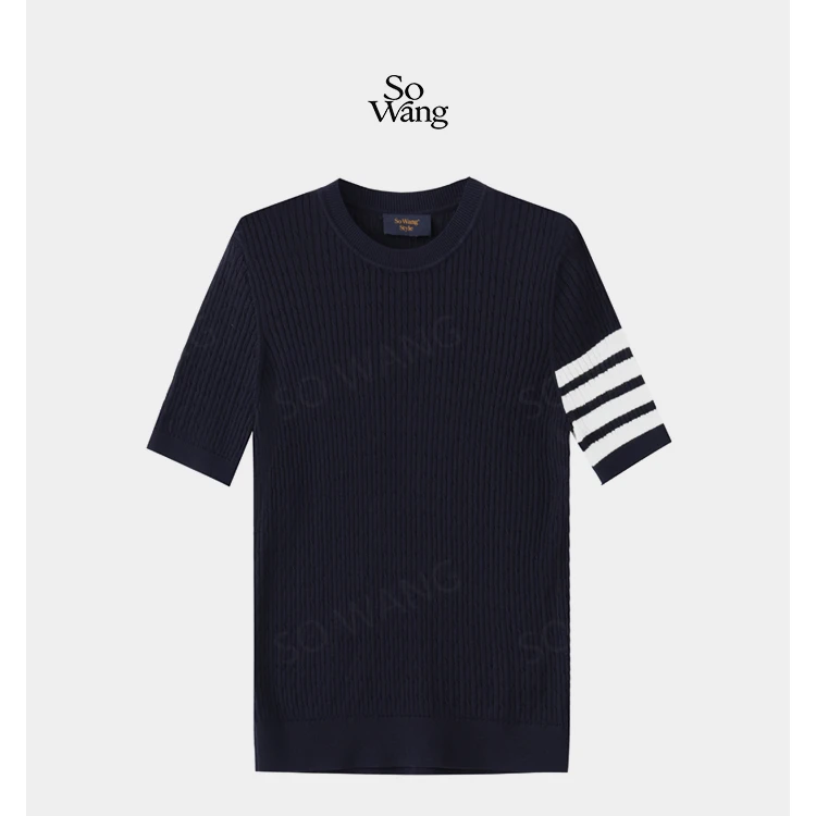 T*四季款藏蓝经典白条针织短袖T恤M25007