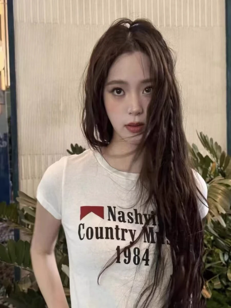 BM新款欧阳娜娜同款美式字母印花圆领短袖T恤bm正肩修身上衣女夏