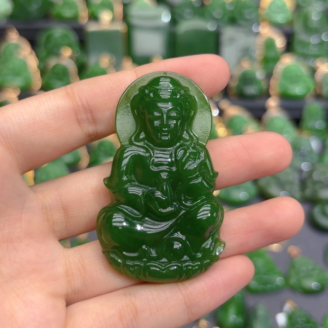 颈饰未镶嵌和田玉（碧玉）编绳辣绿观音