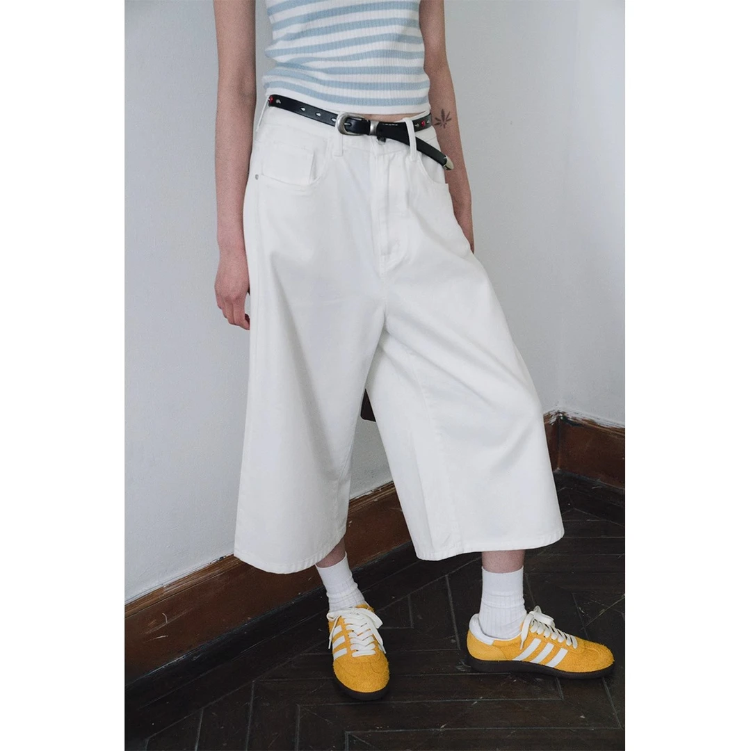 夏季必备~白色七分裤女牛仔裤宽松显瘦阔腿裤时尚百搭纯色直筒裤