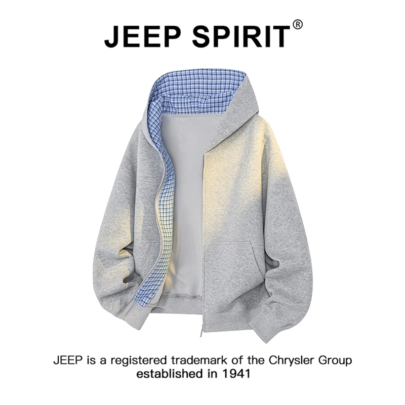 JEEPSPIRIT吉普韩系格纹拼接连帽卫衣外套男冬季休闲宽松情侣开衫