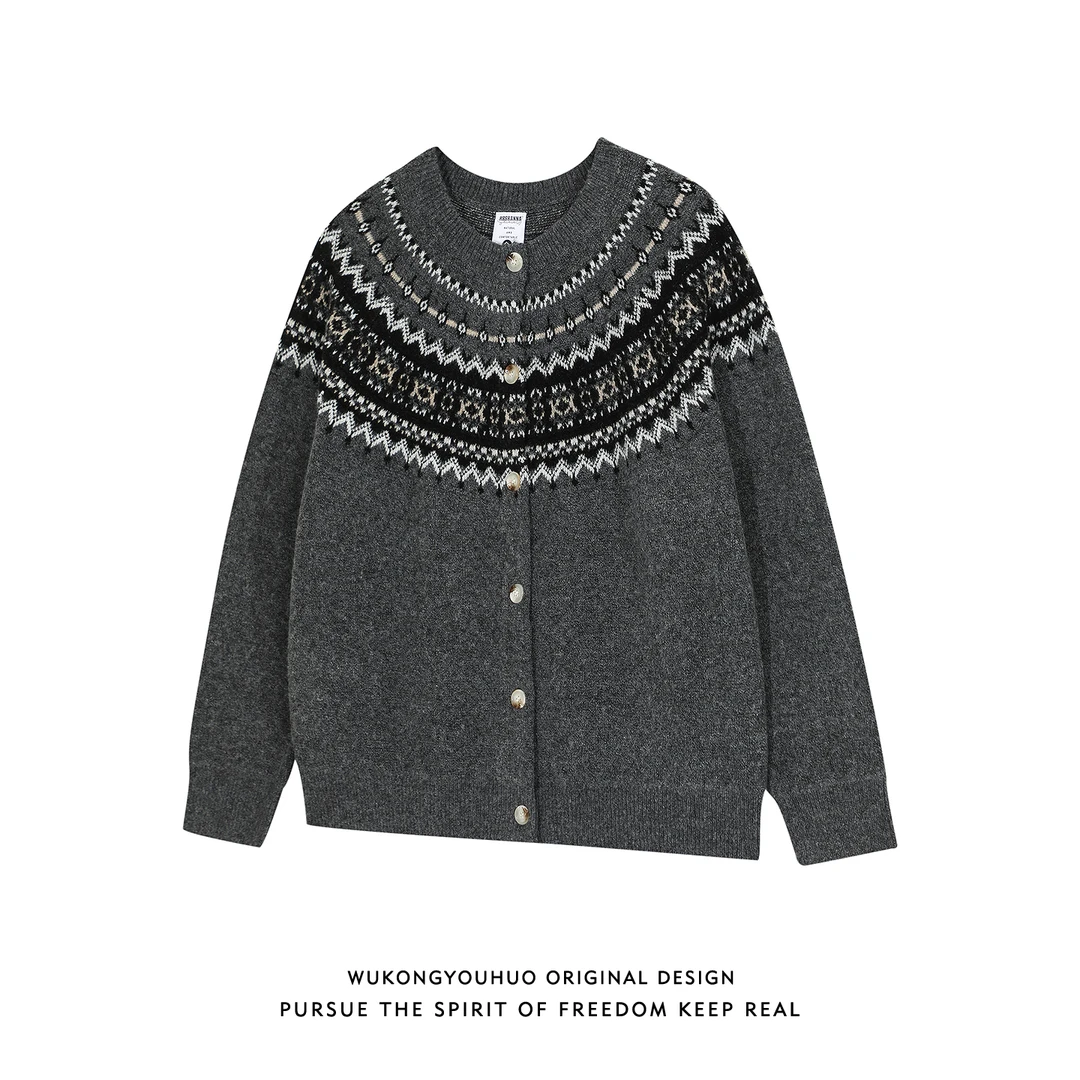 悟空有货潮牌复古费尔岛开衫毛衣男秋季宽松短款百搭休闲针织外套