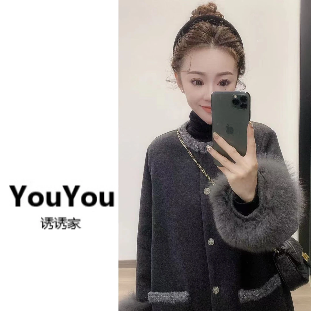 时尚小香风圆领狐狸毛袖口羽绒内胆呢外套