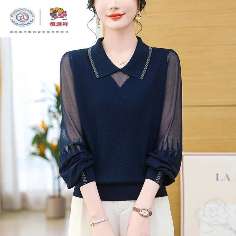 恒源祥集团彩羊带领针织恤女士长袖春装新款春秋中年妈妈薄款小衫