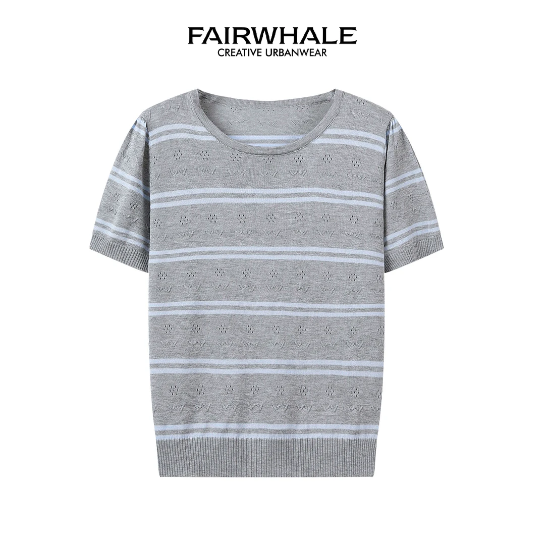 马克华菲时尚简约大方撞色条纹圆领针织T恤舒适百搭透气凉爽上衣