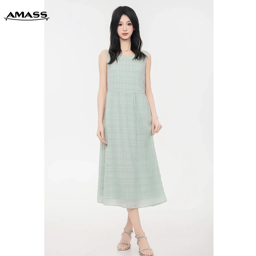 AMASS/阿玛施夏季薄款格纹法式清爽文艺显瘦无袖连衣裙子5500544