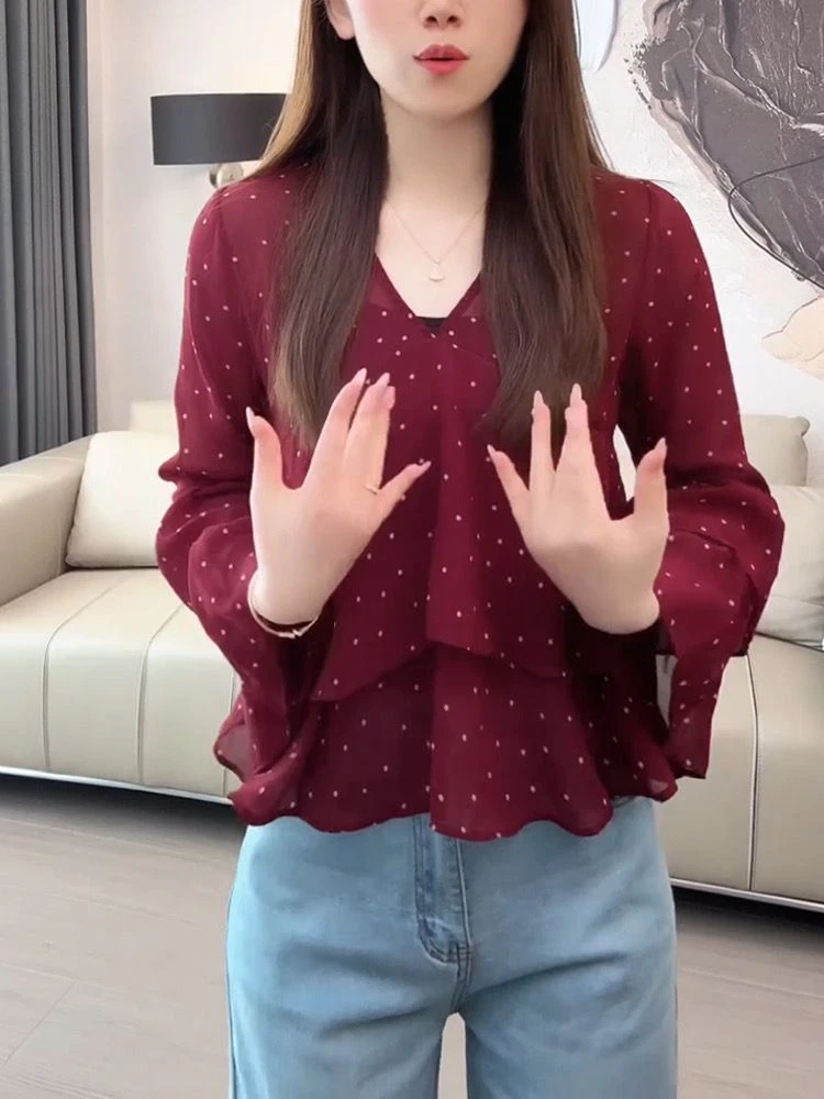 韩范时尚女2025春夏新款绝美衬衣新款气质减龄荷叶边波点上衣显瘦