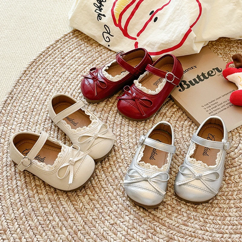 蕾丝边小皮鞋2025春秋季新款韩版女童蝴蝶结公主鞋软底玛丽珍单鞋