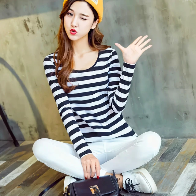 黑白横条纹T恤女长袖内搭衣显瘦棉2026年秋冬新款百搭圆领T恤