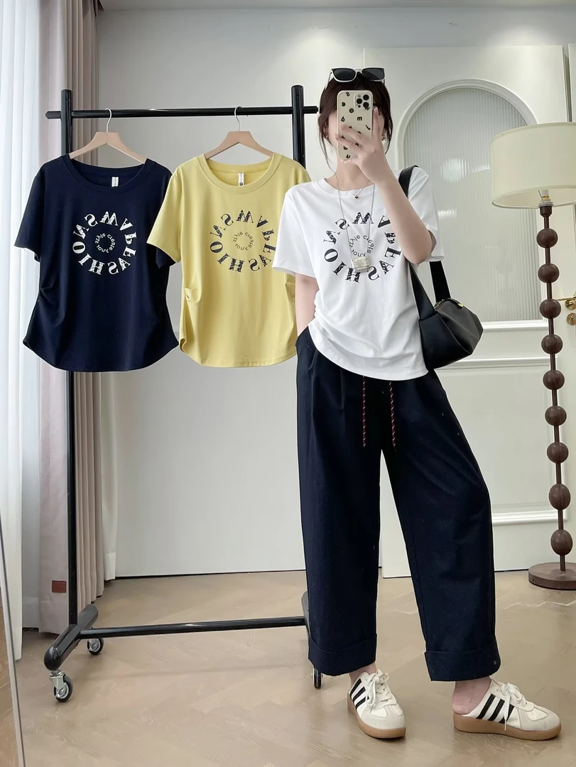 夏装韩版新款休闲简约半袖上衣胖mm洋气字母印花大码短袖t恤2545