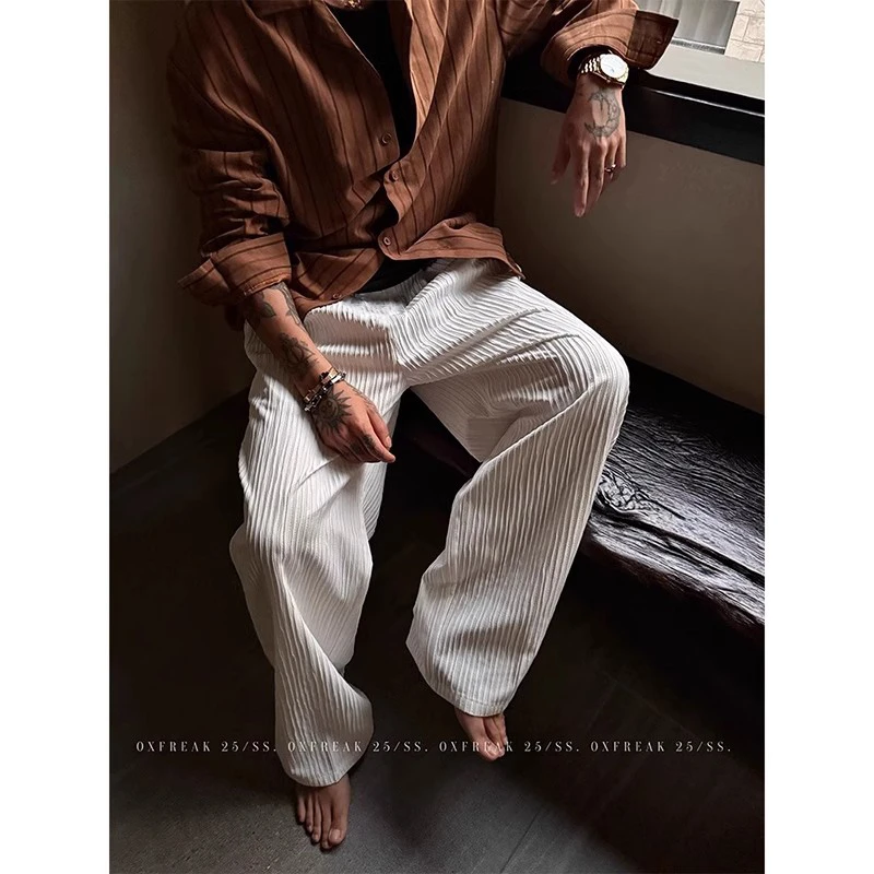 肌理感薄款白色裤子男款夏季慵懒老钱风垂感休闲裤潮牌宽松阔腿裤