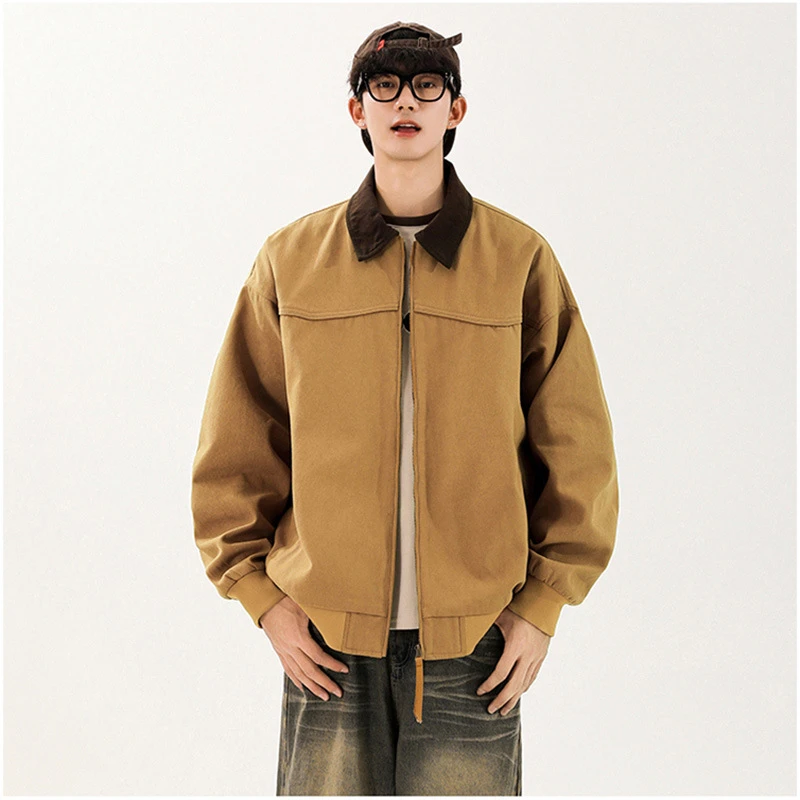 2025年秋冬季新款美式潮牌外套男士复古撞色翻领夹克潮流痞帅上衣