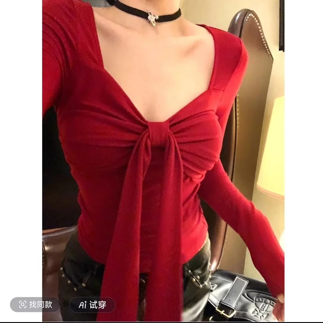 大码【星奈汽水】蝴蝶系带性感收腰褶皱上衣T恤9002